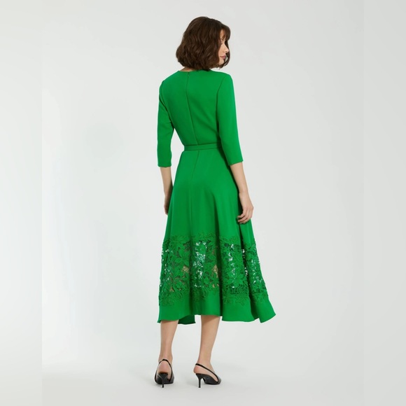 Mac Duggal 21001 Green Crepe Boat Neck Midi Dress With Applique Cut Out Size L - Picture 4 of 9